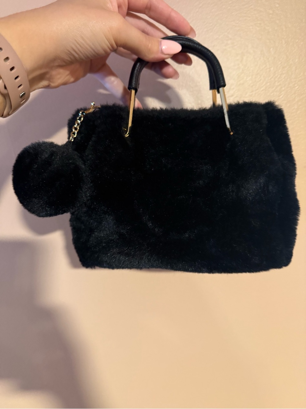 Isaac Mizrahi Black Faux Fur Top-Handle Bag with Pom Pom